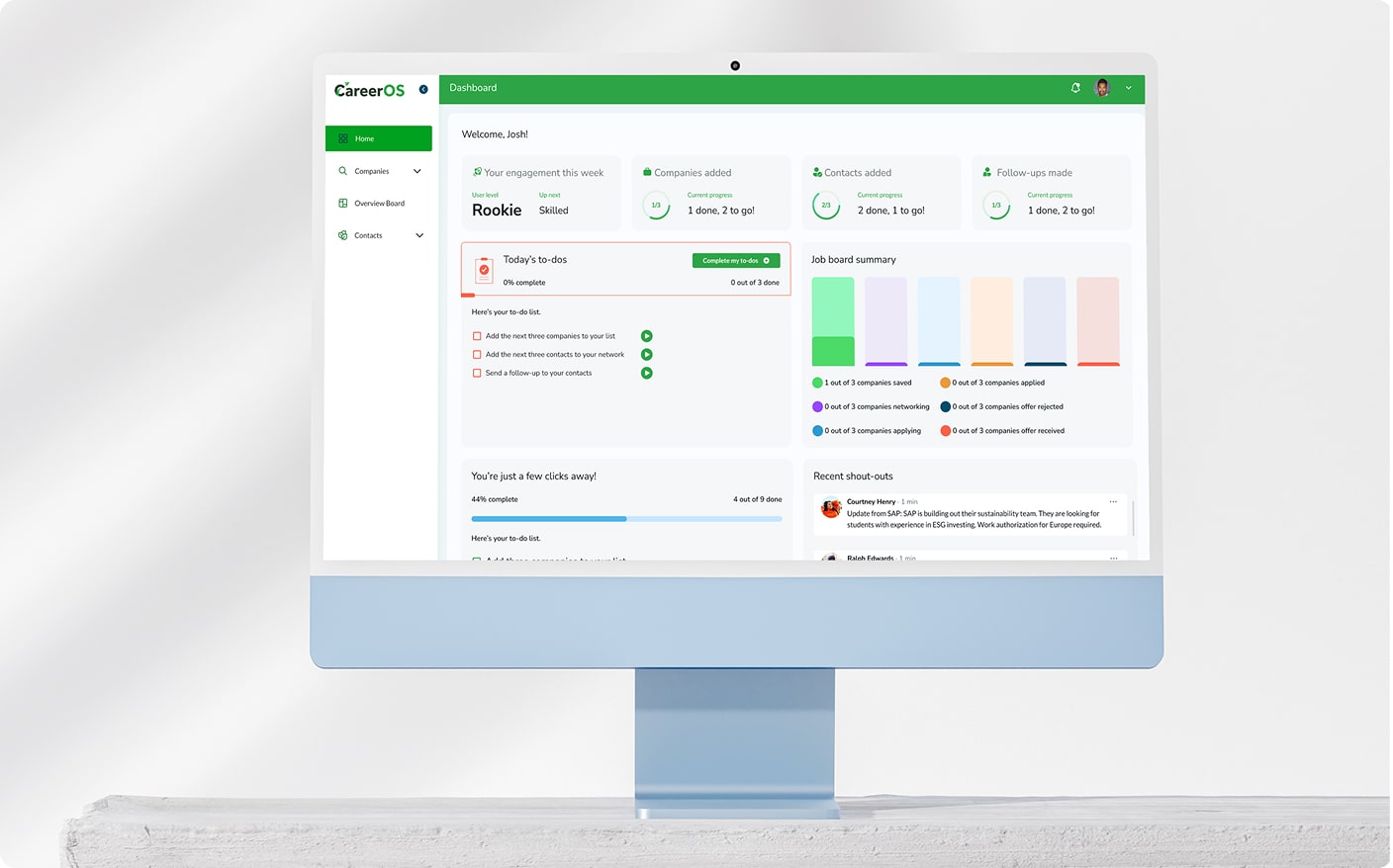 CareerOS platform dashboard view after user testing, showing improved interface elements